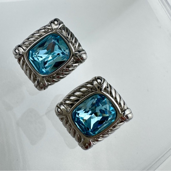 Vintage 90s DSMK Faceted Aqua CZ Silver Plated Stud Earrings - Picture 9 of 11